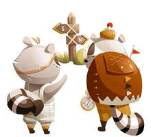 Raccoons on a hike look at the sign vector