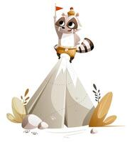 Cartoon character raccoon conquered the top of the mountain vector