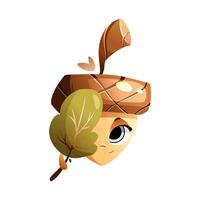 Cartoon character acorn hides behind an oak leaf. vector