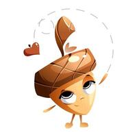 Cartoon character acorn throws a leaf in the form of a heart into the air, an air kiss. vector