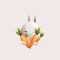 Grey cartoon character rabbit holding a lot of carrots in his hands vector