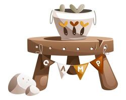 Illustration of a table with the inscription CAMP on which there is a bucket of fish vector