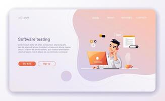 Programming concept, web engineer at work. Developer programming web site landing page template. vector