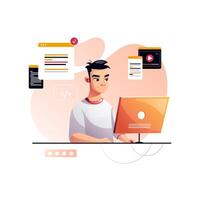 Programmer concentrated at working project. Developing programming and coding technologies. Screen with codes, developer at work with task. Geek coding software with laptop and pc. vector