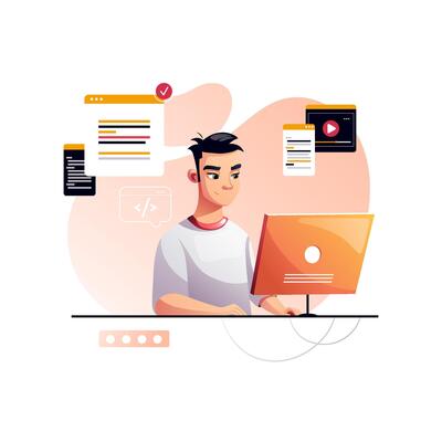 Programmer concentrated at working project. Developing programming and coding technologies. Screen with codes, developer at work with task. Geek coding software with laptop and pc.