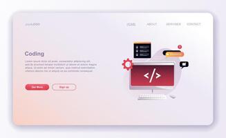 Programming concepts, coder workplace. Web site landing page template. vector