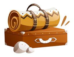 Illustration of a tourist rug and a packed suitcase vector