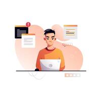 Programmer concentrated at working project. Developing programming and coding technologies. Screen with codes, developer at work with task. Geek coding software with laptop and pc. vector