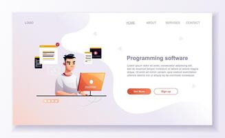 Programming concept, web engineer at work. Developer programming web site landing page template. vector