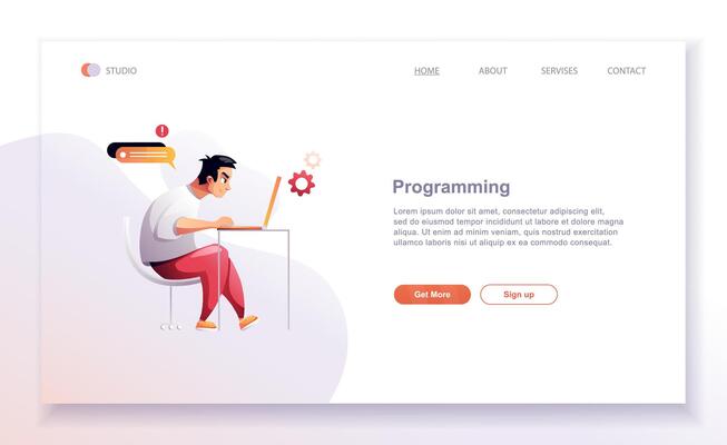 Programming concept, web engineer at work. Developer programming web site landing page template.