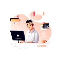 Programmer is tired at work. Development of programming and coding technologies. Low battery. vector