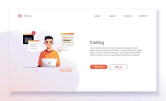 Programming concept, web engineer at work. Developer programming web site landing page template. vector