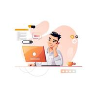 Programmer concentrated at working project. Developing programming and coding technologies. Screen with codes, developer at work with task. Geek coding software with laptop and pc. vector