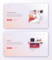 Programming concept, web engineer at work. Developer programming web site landing page template. vector