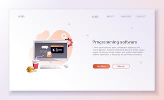 Programming concepts, coder workplace. Web site landing page template. vector