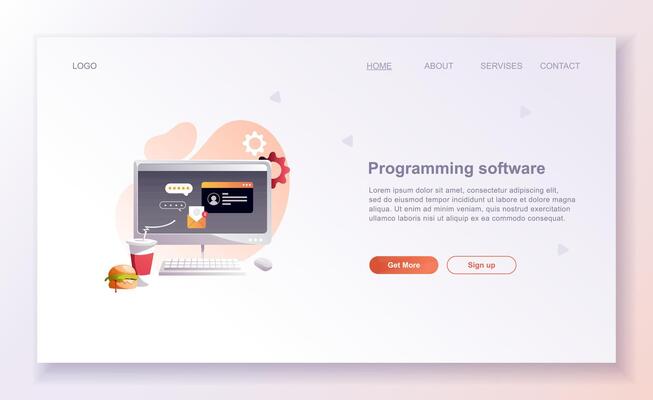 Programming concepts, coder workplace. Web site landing page template.
