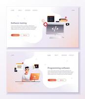 Programming concept, Character web engineer at work. Developer programming web site landing page template. vector