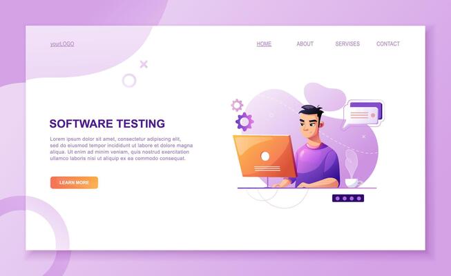 Programming concept, Programming concept, programmer eats fast food at the workplace. Developer programming web site landing page template. Developer programming web site