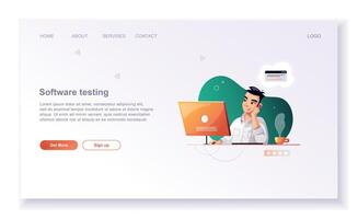 Programming concept, web engineer at work. Developer programming web site landing page template. vector