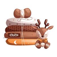 A cartoon cute toy fawn with a bow sits and smiles next to a stack of clothes and a knitting ball of wool. vector