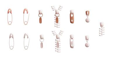 A set of pins and various zipper runners on clothes. vector