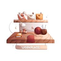 The workplace of a handmaker who is fond of knitting. Table, balls of wool lamp. vector