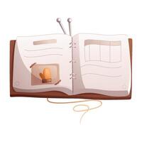 An open book with a picture of mittens and knitting needles on the background. vector