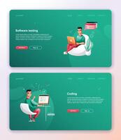 Programming concept, web engineer at work. Developer programming web site landing page template. vector