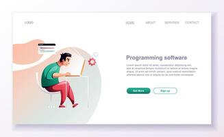 Programming concept, web engineer at work. Developer programming web site landing page template. vector