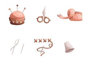 Sewing kit includes a scissors, meter tape, thread, needle, sponge. vector