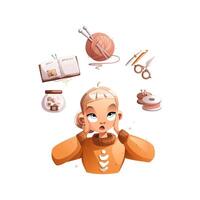 A happy creative cartoon girl was confused at the sight of buttons, a book, a ball of wool, knitting needles, scissors, thread. Hobby courses or master classes for teaching knitting. vector