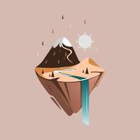 Mountain landscape with a mountain on a piece of land, a river, a waterfall and a desert area. vector
