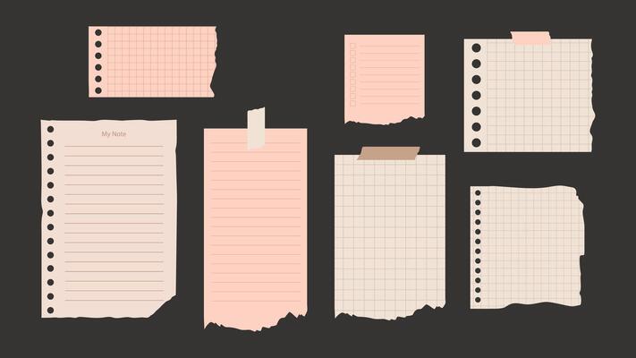 Set of torn note papers. Collection of paper pieces.