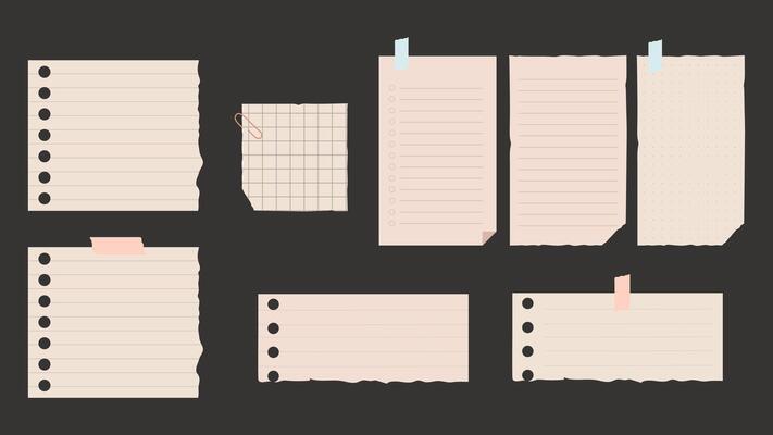 Set of various note papers on black background