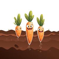 Orange Funny Cartoon Carrot In The Ground Emotions vector