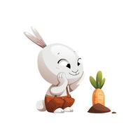 Gray cartoon character rabbit planted a carrot in the ground vector