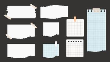 Set of different pieces of note paper on black background. vector