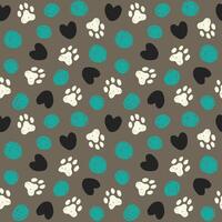 Animal paw seamless pattern. Cat, dog footprint repeat pattern with texture in black, grey, white and green. Hand drawn paw print background. vector