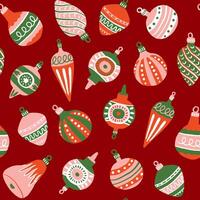 Retro Christmas tree ornaments seamless pattern in traditional red, green and white colours. Repeat pattern for wrapping paper, textile design. Holiday season repeating pattern. vector