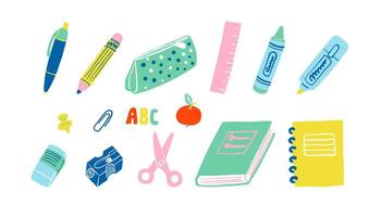 School things, office supplies, stationery items set. Pen, pencil, book, sharpener, eraser, scissors, notebook, ruler, crayon, etc. Education, student related item set. vector
