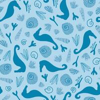 Sea shells, seahorse, water seamless pattern in blue tones. Summer, beach, vacation hand drawn repeat pattern for textile, paper design. vector