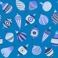 Cute retro Christmas tree ornaments seamless pattern in blue and white colours. Repeat pattern for wrapping paper, textile design. Holiday season illustration. vector