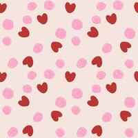 Red hearts and pink dots seamless pattern on off white background. Love, wedding, romance, mother's day simple minimal background. Design for textile and paper. vector