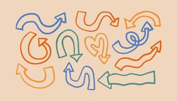 Set of fun playful quirky arrows pointing in different directions. Colorful retro style pointers for planners, infographics, etc. vector