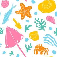 Fun playful beach seamless pattern with a crab, fish, umbrella, bucket, shovel, starfish, seashells, weeds and pebbles. Textile, paper design. Cartoon, childish. vector