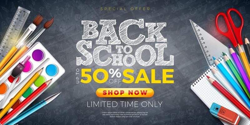 Back to School Sale Design with Colorful Pencil, Brush and School Items on Black Chalkboard Background. Education Business Concept Illustration with Special Offer Typography Elements for Coupon