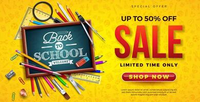 Back to School Sale Design with Chalkboard, Colorful Pencil and School Items on Yellow Hand Drawn Doodles Background. Business Concept Illustration with Special Offer Typography Elements for vector