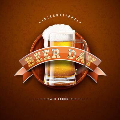International Beer Day Design with Freshly Tapped Beer in the Mug, Barrel and Barley Ears on Vintage Background. August 4 Cheers Celebration Holiday Illustration with Typography Letter for
