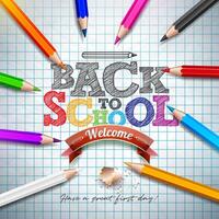 Back to school design with colorful pencil and typography letter on square grid booklet background. education concept illustration for greeting card, banner, flyer, invitation, brochure or vector