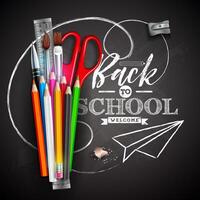Back to school design with colorful pencil, scissors, ruler and typography letter on black chalkboard background. illustration with education elements for greeting card, banner, flyer vector
